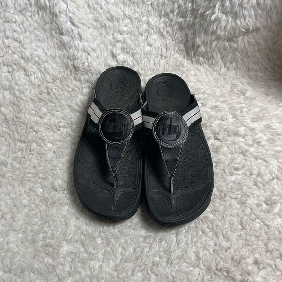 Fitflop black leather and fabric wedge thong sandals size 8 - Picture 1 of 10